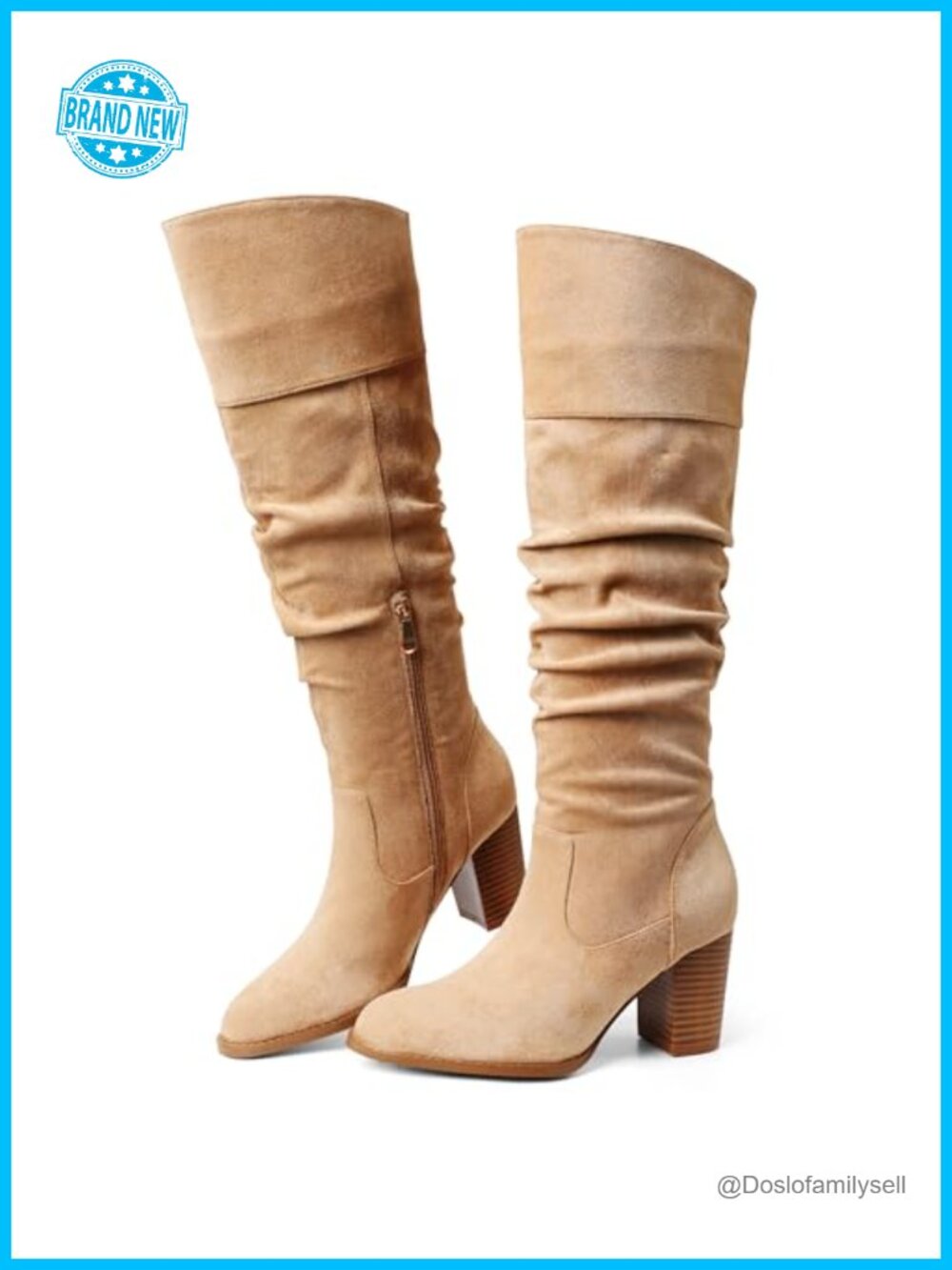 Suede Slouch Knee High Boots Chunky Block Heel Pull On Tall Western Boot